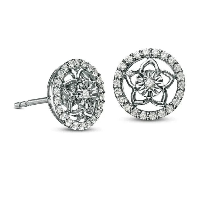 033 CT TW Diamond Circle Frame Flower Stud Earrings in 14K White Gold Goldia Earrings