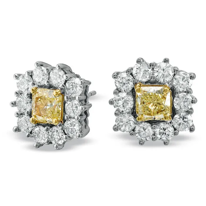 Earrings Goldia 3 CT TW RadiantCut Fancy Yellow and White Diamond Frame Earrings in 18K White Gold SI2