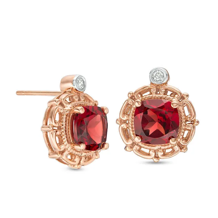 Goldia Earrings 60mm CushionCut Garnet and Diamond Accent Stud Earrings in 10K Rose Gold
