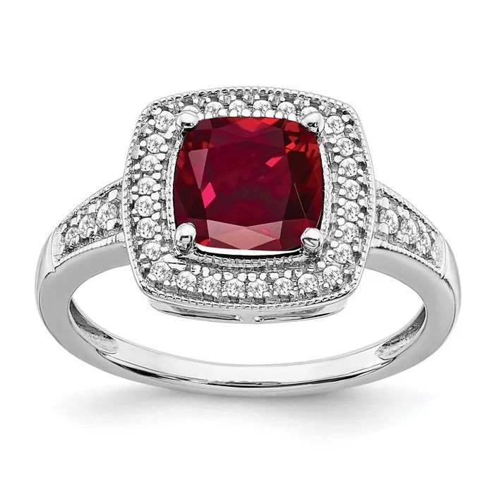 Goldia Rings 14k White Gold Cushion Created Ruby and Real Diamond Halo Ring