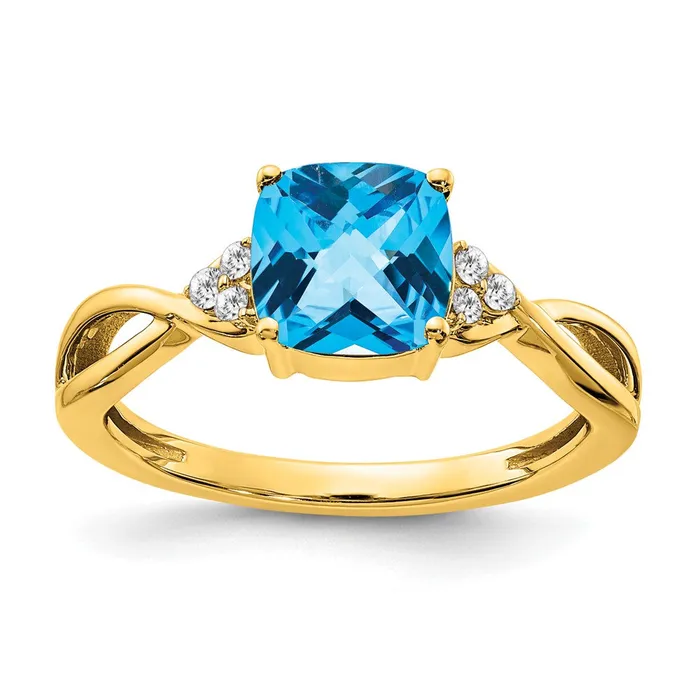 Rings 14K Yellow Gold Checkerboard Blue Topaz and Real Diamond Ring Goldia