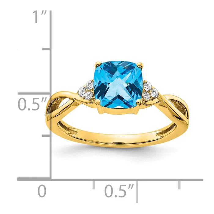 Rings 14K Yellow Gold Checkerboard Blue Topaz and Real Diamond Ring Goldia