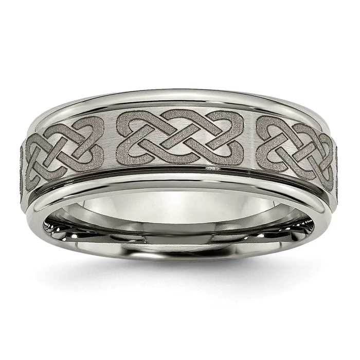 Titanium Brushed Polished Celtic Laser Design 8mm Ridged Edge Band TreasureFineJewelers Rings