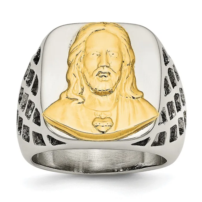 TreasureFineJewelers Rings Stainless Steel with Sterling Silver Jesus Yellow IPplated Polished Ring