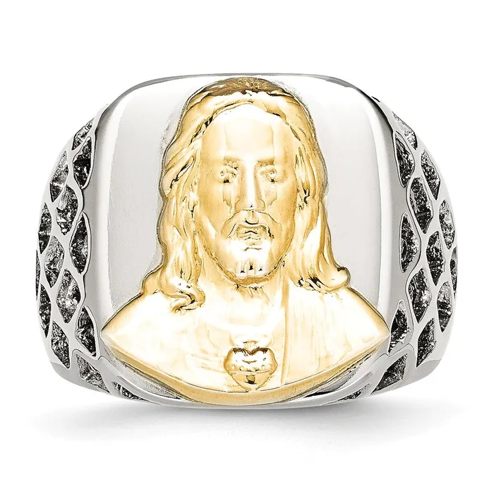 TreasureFineJewelers Rings Stainless Steel with Sterling Silver Jesus Yellow IPplated Polished Ring