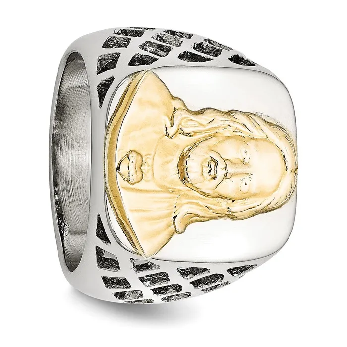 TreasureFineJewelers Rings Stainless Steel with Sterling Silver Jesus Yellow IPplated Polished Ring