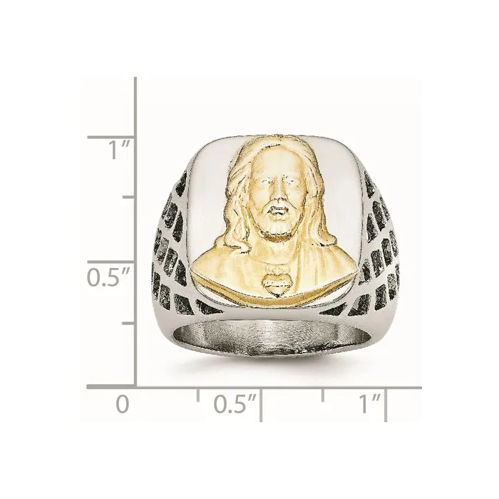 TreasureFineJewelers Rings Stainless Steel with Sterling Silver Jesus Yellow IPplated Polished Ring