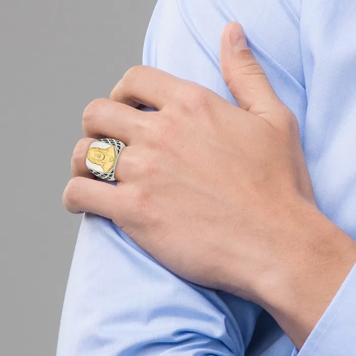 TreasureFineJewelers Rings Stainless Steel with Sterling Silver Jesus Yellow IPplated Polished Ring