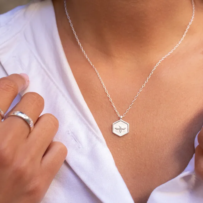 Brushed Silver Hexagon Shaped Honeybee Necklace Tashi Necklaces