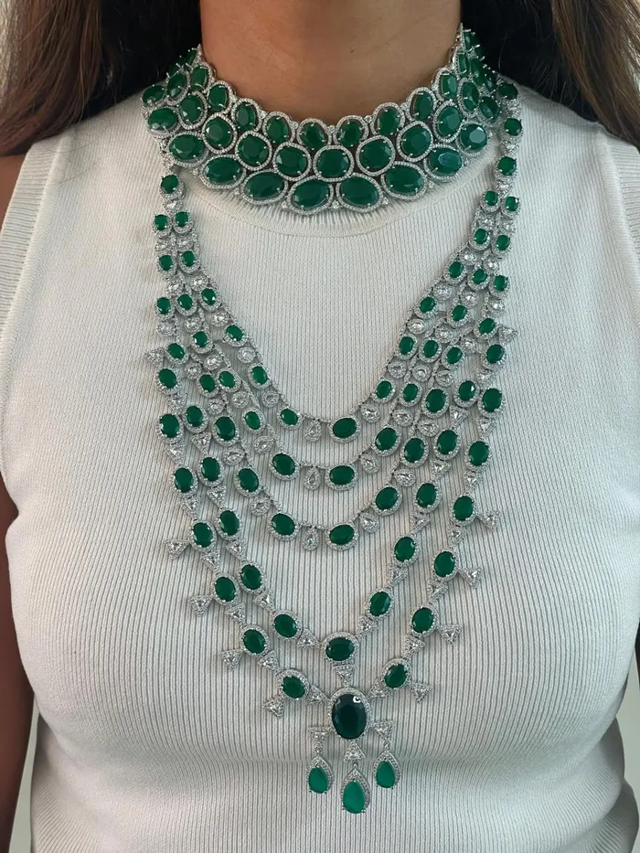 Maharani Three Layered Floret Emerald Set Emerald Dimonte 5 Layer Necklace Set Earrings Necklace PRERTO ECOMMERCE PRIVATE LIMITED Necklaces