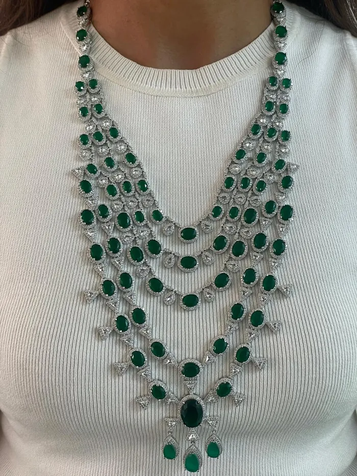 Maharani Three Layered Floret Emerald Set Emerald Dimonte 5 Layer Necklace Set Earrings Necklace PRERTO ECOMMERCE PRIVATE LIMITED Necklaces
