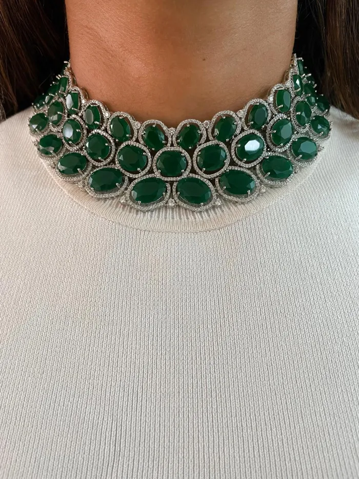Maharani Three Layered Floret Emerald Set Emerald Dimonte 5 Layer Necklace Set Earrings Necklace PRERTO ECOMMERCE PRIVATE LIMITED Necklaces