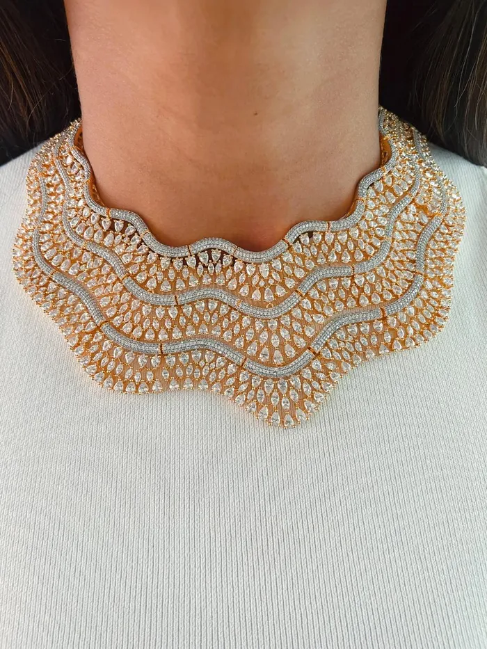 PRERTO ECOMMERCE PRIVATE LIMITED Necklaces Layered Wave Tear Drop Gold Diamonte Necklace Set Necklace Earrings