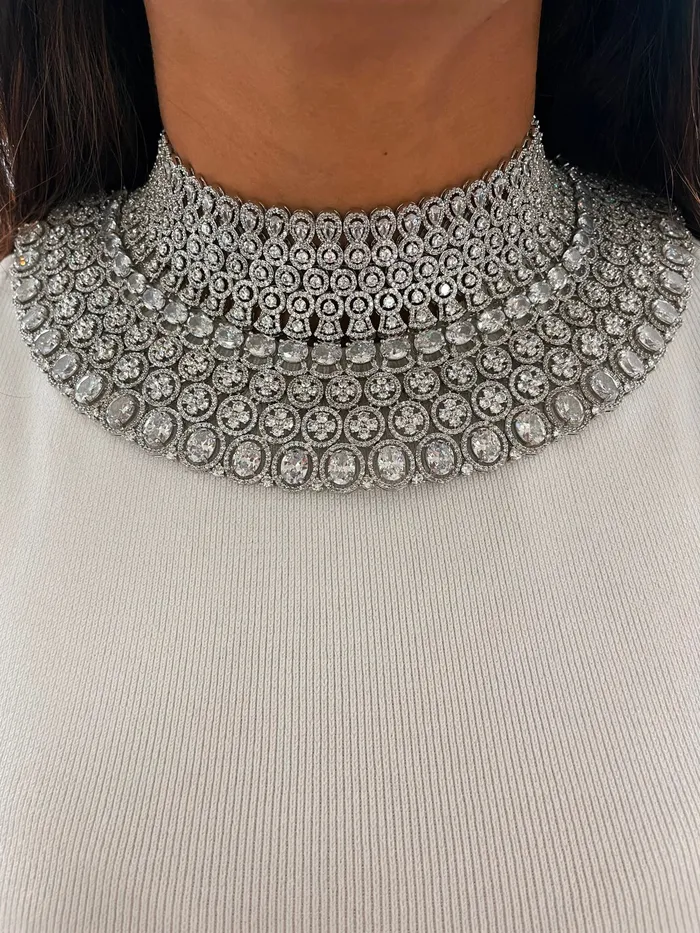 PRERTO ECOMMERCE PRIVATE LIMITED Necklaces Statement Circular Detailed Dimonte Diamond Necklace Set