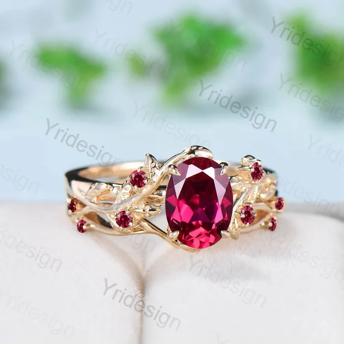 Rings PENFINE Vintage Twig Ruby Engagement Ring Set Natural Inspired cluster branch leaf ruby engagement ring women unique branch wedding ring set for her