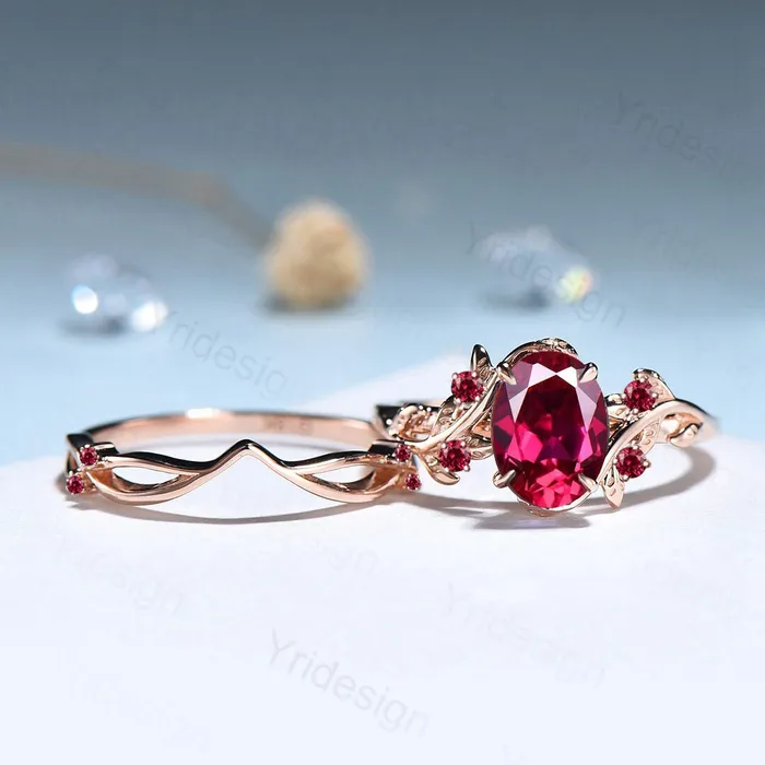 Rings PENFINE Vintage Twig Ruby Engagement Ring Set Natural Inspired cluster branch leaf ruby engagement ring women unique branch wedding ring set for her