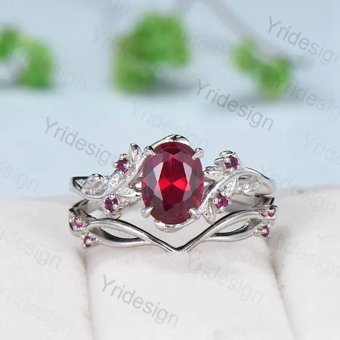 Rings PENFINE Vintage Twig Ruby Engagement Ring Set Natural Inspired cluster branch leaf ruby engagement ring women unique branch wedding ring set for her