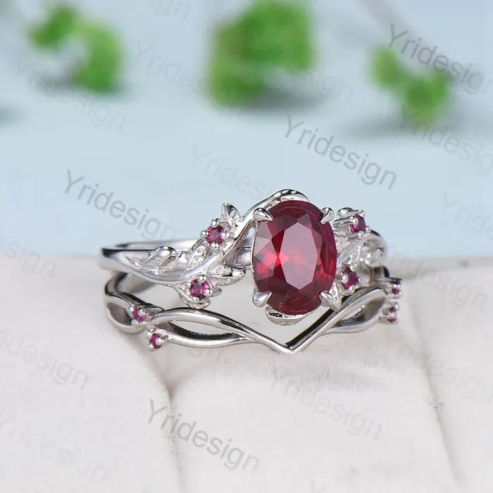 Rings PENFINE Vintage Twig Ruby Engagement Ring Set Natural Inspired cluster branch leaf ruby engagement ring women unique branch wedding ring set for her