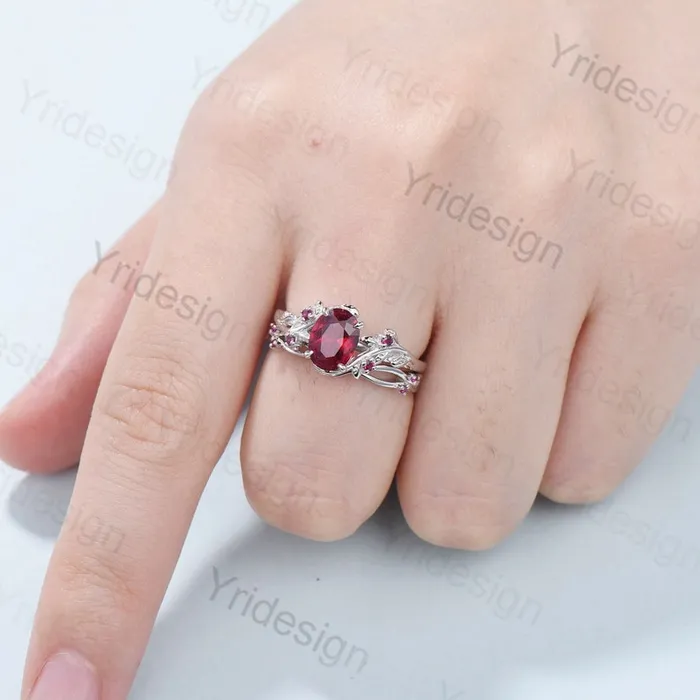 Rings PENFINE Vintage Twig Ruby Engagement Ring Set Natural Inspired cluster branch leaf ruby engagement ring women unique branch wedding ring set for her