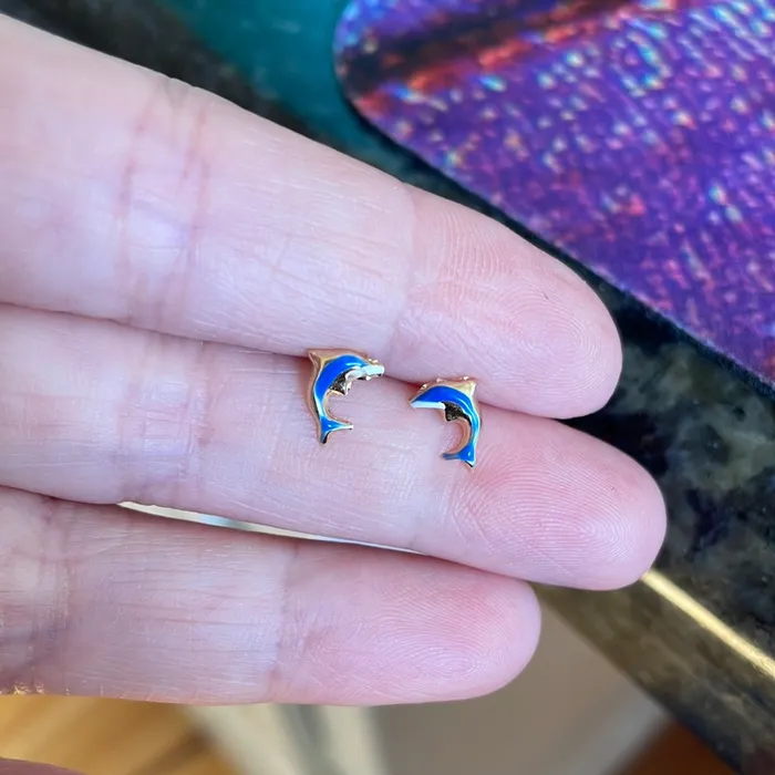 Earrings Love Vintage Paris Enamel Dolphin Earrings 14k Gold Vintage