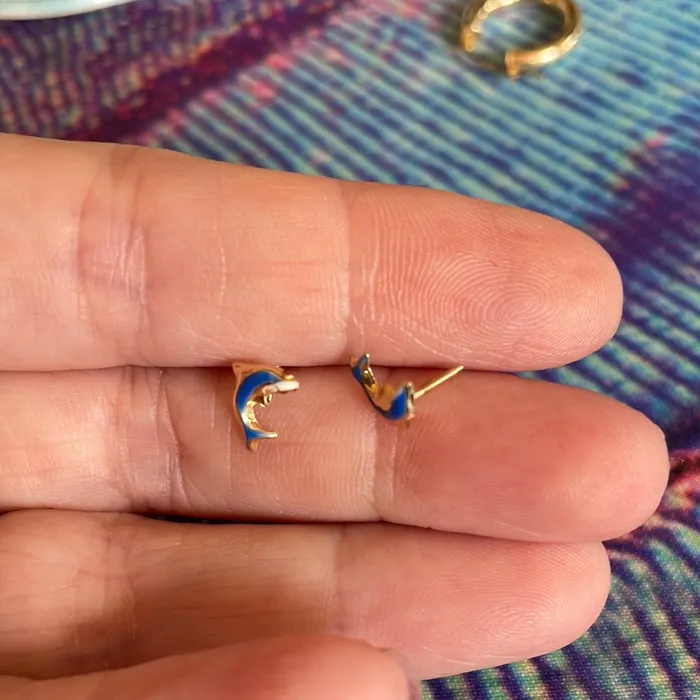 Earrings Love Vintage Paris Enamel Dolphin Earrings 14k Gold Vintage