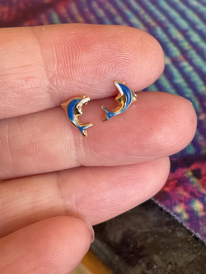Earrings Love Vintage Paris Enamel Dolphin Earrings 14k Gold Vintage