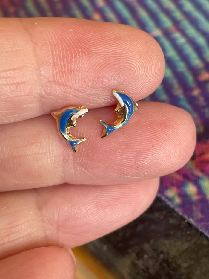 Earrings Love Vintage Paris Enamel Dolphin Earrings 14k Gold Vintage