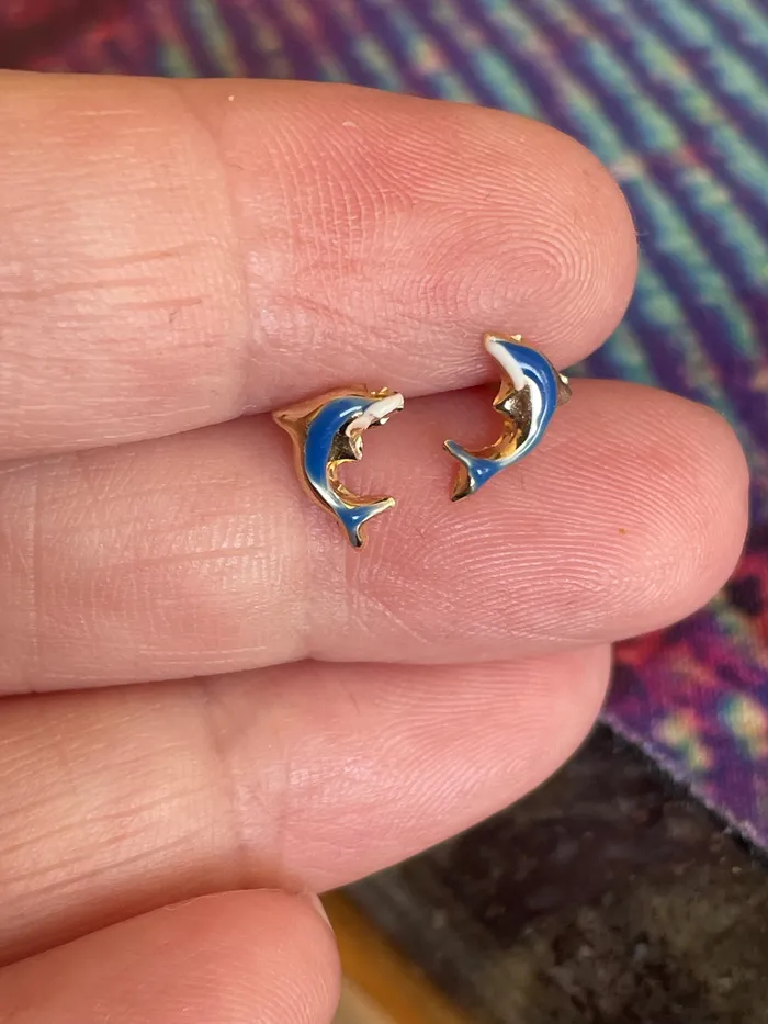 Earrings Love Vintage Paris Enamel Dolphin Earrings 14k Gold Vintage
