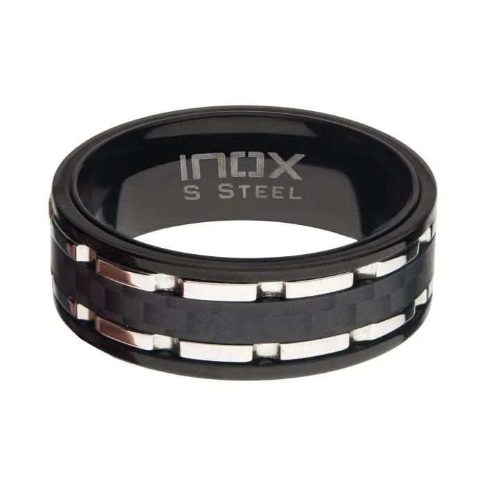 Silver Tone and Black Stainless Steel with Black Carbon Fiber Inlaid Ridge Hammered Band Ring INOX JEWELRY Rings