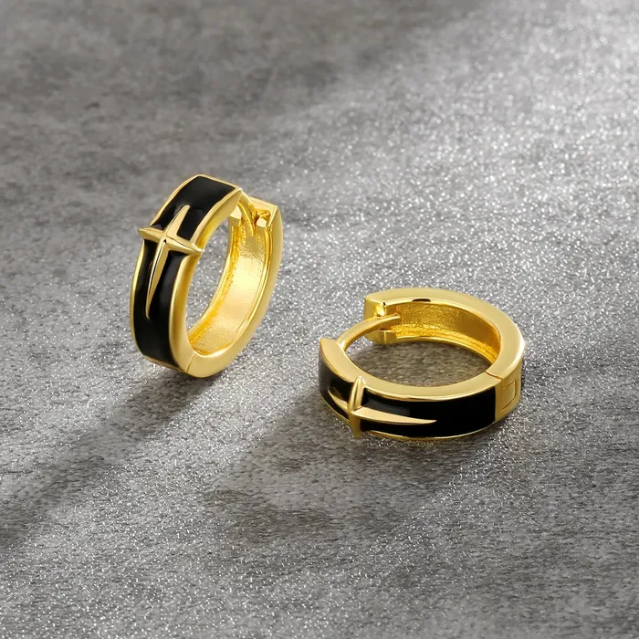 Earrings Bling Proud S925 Black Enamel Star Hoop Earrings in 14K Gold 15mm