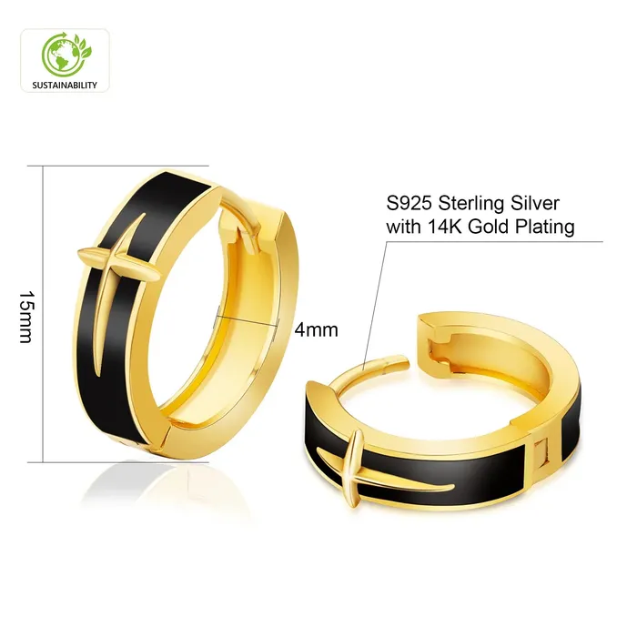 Earrings Bling Proud S925 Black Enamel Star Hoop Earrings in 14K Gold 15mm
