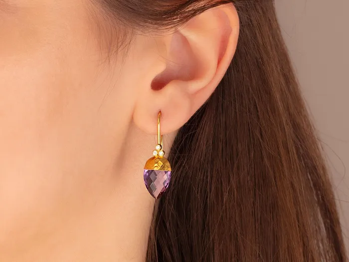 GURHAN Spell Gold Amethyst Single Drop Earrings 14x10mm Faceted Flat Teardrop GG GOLD OOAK Earrings GURHAN Spell Gold Amethyst Single Drop Earrings 14x10mm Faceted Flat Teardrop GG GOLD OOAK Earrings