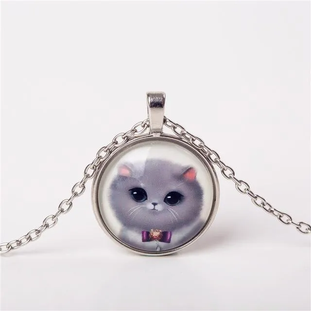 Necklaces Women Cute Cat Jewelry Classic Glass Cabochon Silver Chain Stylish Necklace sparklingselections